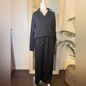 Black V-Neck Top and Drawstring Pants Set